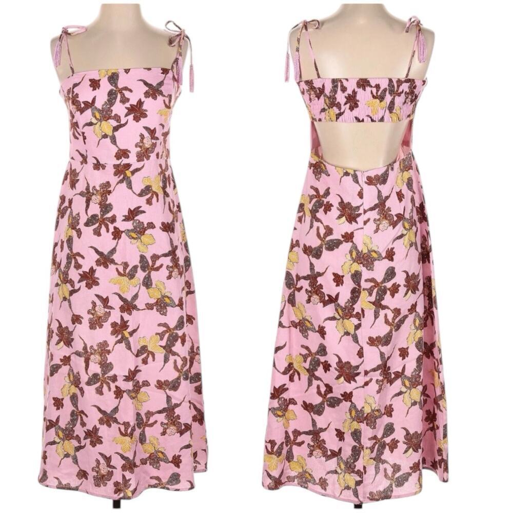 House of Harlow 1960 Linen Pink Tropical Midi Sleeveless Tassel Dress Size Large